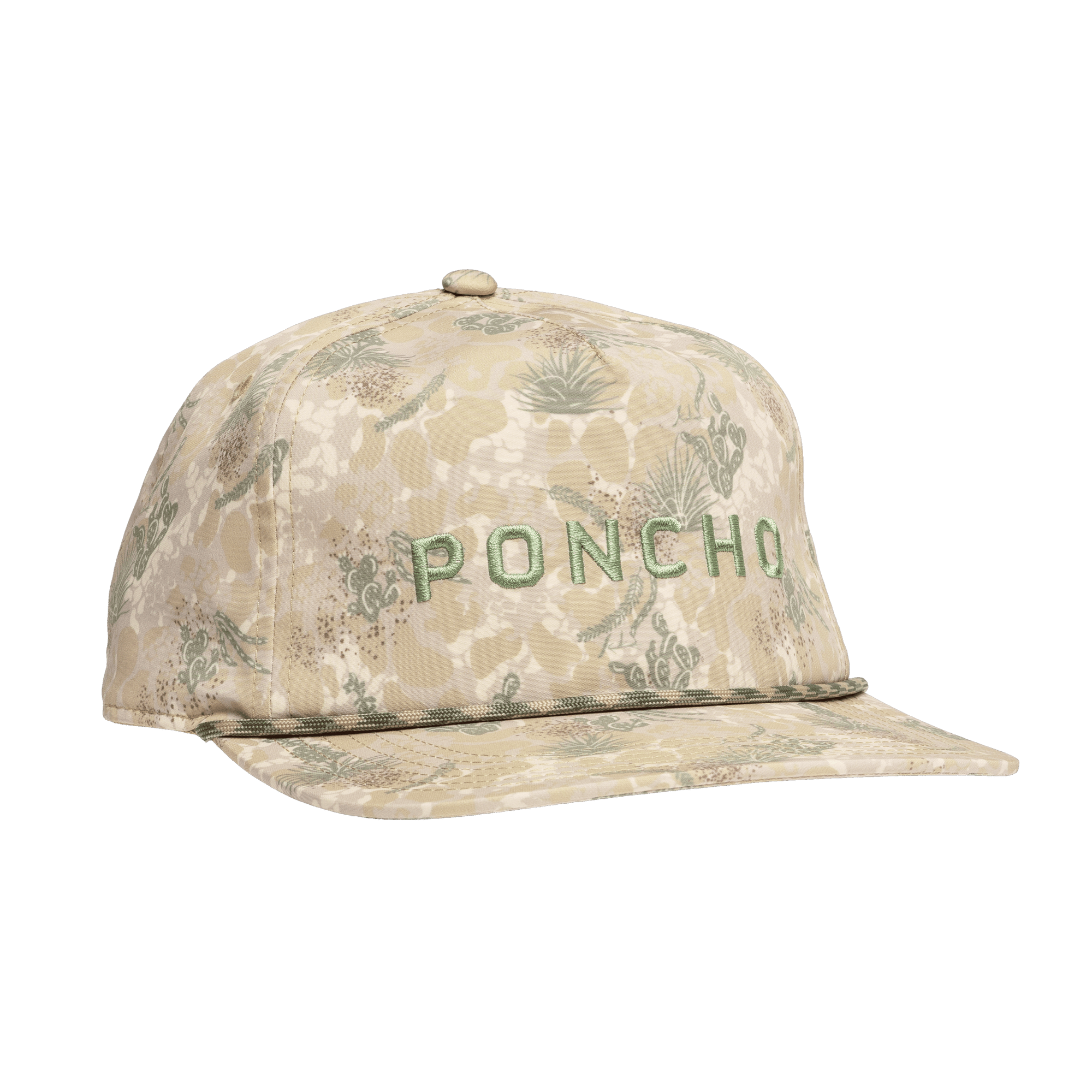 The Lone Range Hat by Poncho is a beige, floral-patterned 5-panel cotton trucker hat featuring green embroidered "PONCHO" text on the front and an adjustable snapback for comfort.