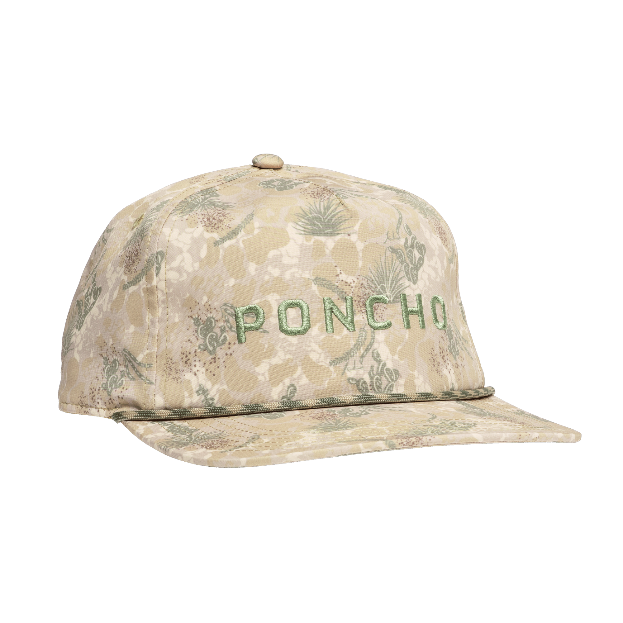 The Lone Range Hat by Poncho is a beige, floral-patterned 5-panel cotton trucker hat featuring green embroidered "PONCHO" text on the front and an adjustable snapback for comfort.