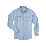 The Marfa | Poncho by Poncho: Light blue western performance denim long-sleeve shirt with button-down front, two chest flap pockets, durable stitching, and buttoned cuffs, shown laid flat on a white background.