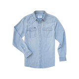 The Marfa | Poncho by Poncho: Light blue western performance denim long-sleeve shirt with button-down front, two chest flap pockets, durable stitching, and buttoned cuffs, shown laid flat on a white background.