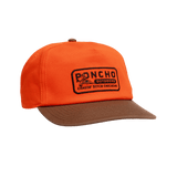 The Pheasant Hat by Poncho is orange with a brown brim, adjustable snaps, and a rectangular patch reading "PONCHO OUTDOORS" and "CHASIN' DITCH CHICKENS," plus a small bird illustration.