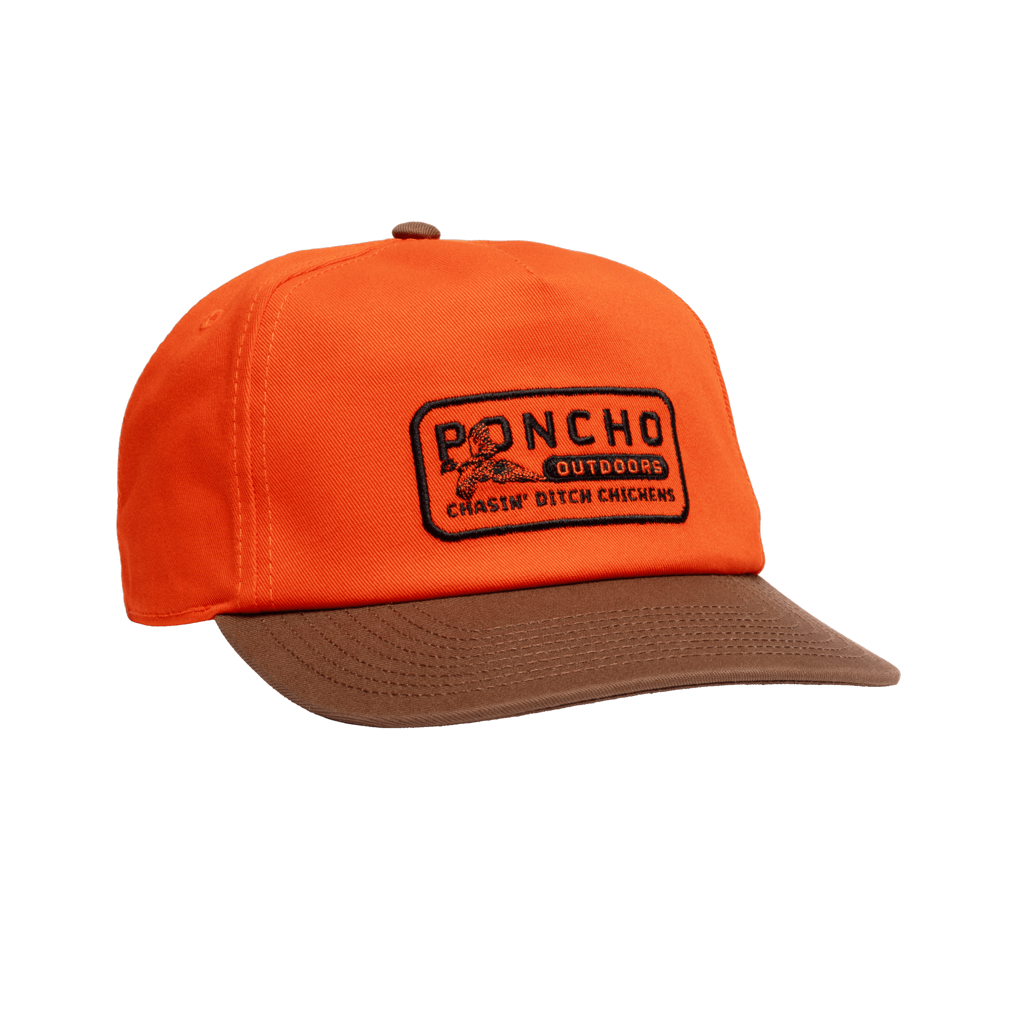 The Pheasant Hat by Poncho is orange with a brown brim, adjustable snaps, and a rectangular patch reading "PONCHO OUTDOORS" and "CHASIN' DITCH CHICKENS," plus a small bird illustration.