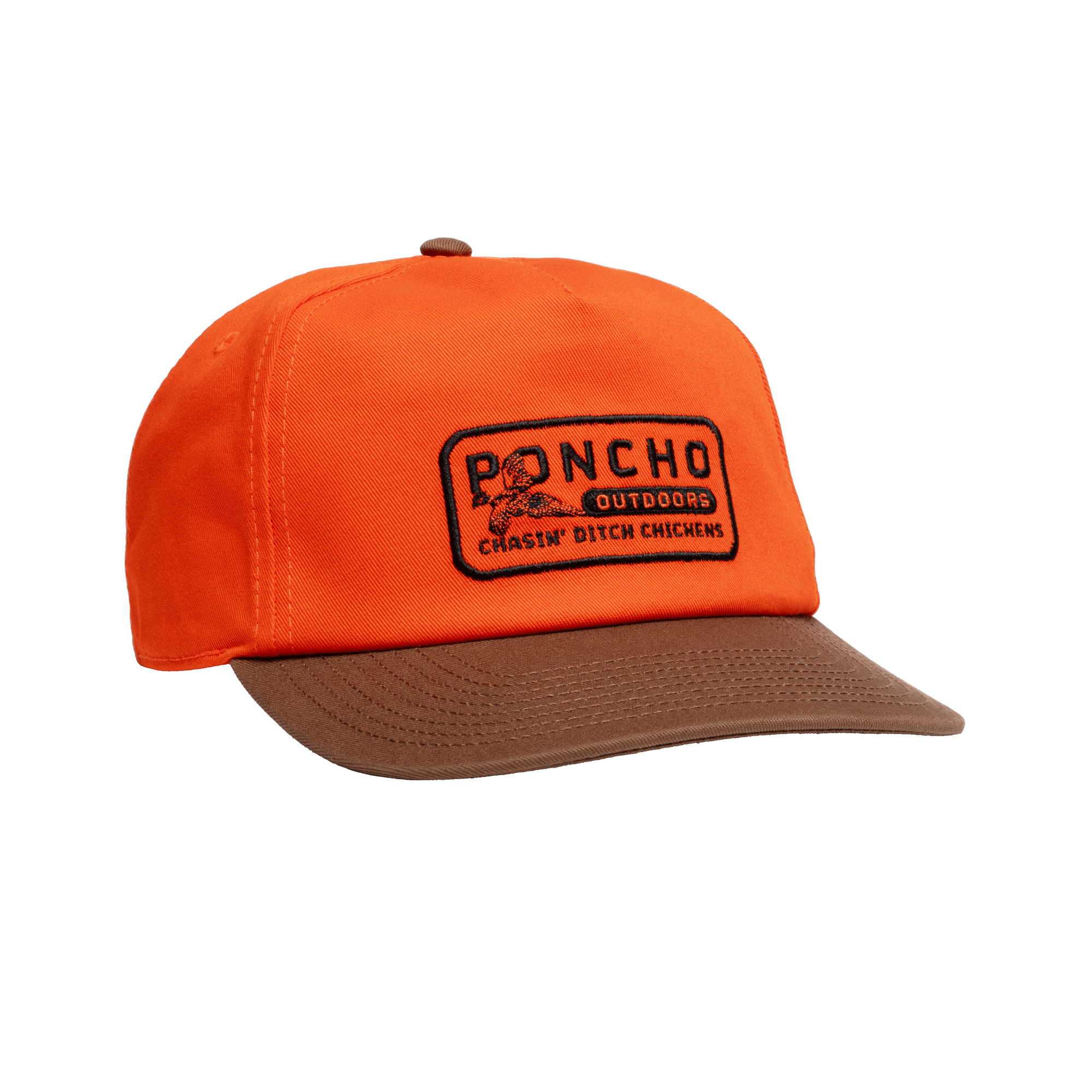 The Pheasant Hat by Poncho is orange with a brown brim, adjustable snaps, and a rectangular patch reading "PONCHO OUTDOORS" and "CHASIN' DITCH CHICKENS," plus a small bird illustration.