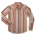 The Wyatt Pearl Snap by Sendero Provisions Co. is a long-sleeve western shirt featuring brown, beige, and red serape stripes, geometric patterns, two chest pockets, pearl snaps, and pointed yoke accents.