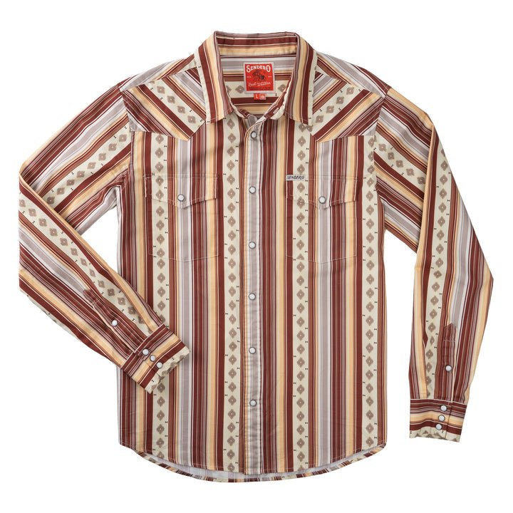 The Wyatt Pearl Snap by Sendero Provisions Co. is a long-sleeve western shirt featuring brown, beige, and red serape stripes, geometric patterns, two chest pockets, pearl snaps, and pointed yoke accents.