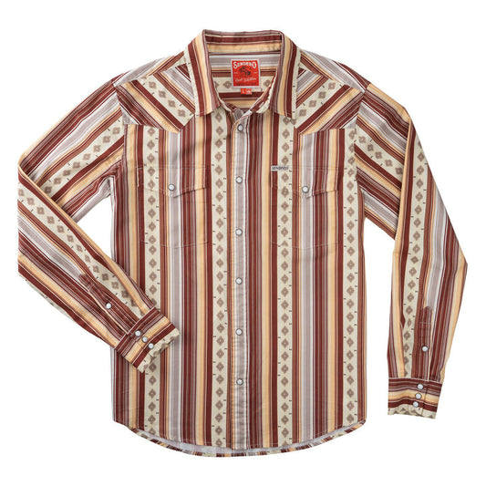 The Wyatt Pearl Snap by Sendero Provisions Co. is a long-sleeve serape western shirt with red, brown, and beige stripes, geometric patterns, pearl snap buttons, and two chest pockets.