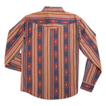 The Wyatt Pearl Snap by Sendero Provisions Co.: a long-sleeve shirt featuring a southwestern geometric pattern in red, blue, and yellow tones, shown from the back.