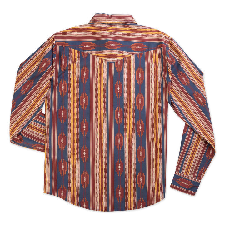The Wyatt Pearl Snap long-sleeve Western shirt by Sendero Provisions Co. features a southwestern geometric serape pattern in red, yellow, and blue, displayed flat with the back facing up.
