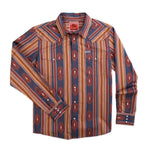 The Wyatt Pearl Snap by Sendero Provisions Co. is a long-sleeved shirt with red, yellow, and blue Western geometric and striped patterns, chest pockets, and a pointed collar.