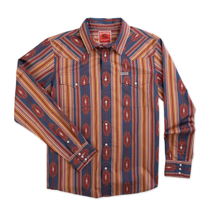 The Wyatt Pearl Snap by Sendero Provisions Co. is a long-sleeve button-up shirt with pearl snaps, featuring multicolored vertical stripes, a geometric pattern, chest pockets, and a collar.