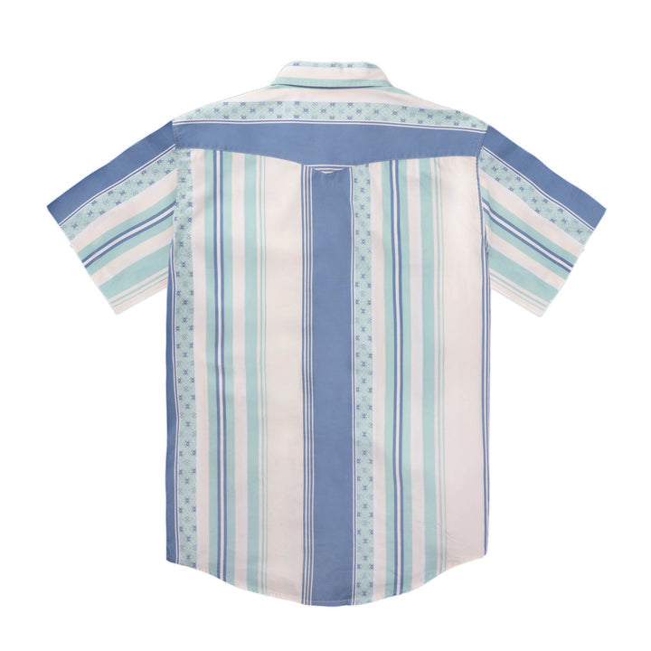 Back view of The Wyatt Pearl Snap by Sendero Provisions Co., showing vertical blue, white, and green stripes with a light blue yoke featuring a star pattern.