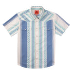The Wyatt Pearl Snap by Sendero Provisions Co. features blue, white, and teal vertical stripes, two chest pockets, and short sleeves for a fresh twist on the classic vintage western shirt style.
