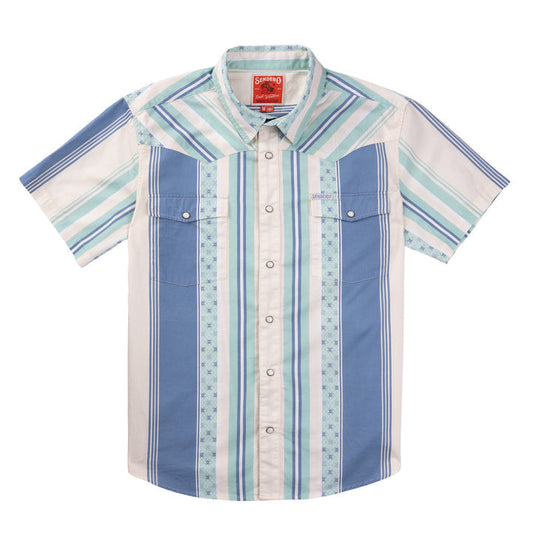 The Wyatt Pearl Snap by Sendero Provisions Co. is a short-sleeve western shirt with blue, teal, and white vertical stripes, chest pockets, pearl snap buttons, and a pointed collar.
