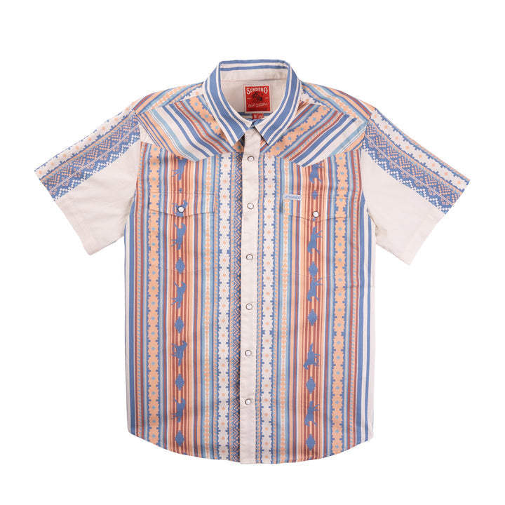 The Wyatt Pearl Snap by Sendero Provisions Co. is a short-sleeve western shirt with multicolor stripes, a geometric serape pattern, pearl snaps, two chest pockets, and a pointed yoke design.