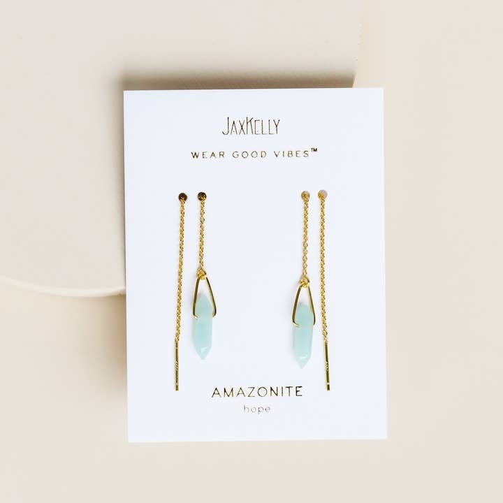 JaxKelly Threader - Amazonite - Gold Earrings featuring amazonite gemstones on gold chains, displayed on a white card labeled "Wear Good Vibes" and "Amazonite hope." Hypoallergenic for comfortable, everyday wear.