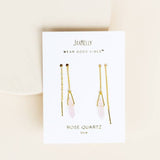 JaxKelly's Threader - Rose Quartz - Gold Earrings are hypoallergenic gold chain threaders featuring rose quartz stones, displayed on a card labeled "Wear Good Vibes" and "Rose Quartz love" for a touch of positivity.