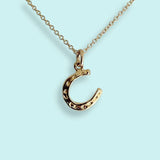 Tiny Gold Horseshoe Necklace by Ornamental Things: a 14k gold-plated chain with a horseshoe pendant, shown on a light blue background. This good luck necklace brings an elegant accent to your style.