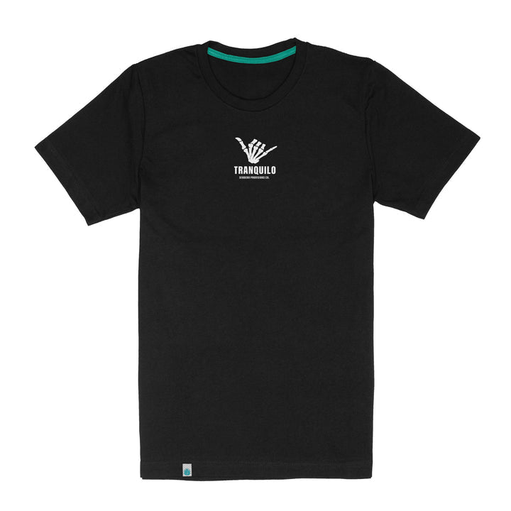 The Tranquilo Vintage T-Shirt by Sendero Provisions Co. is a black tee with a small white skeleton hand and "TRANQUILO" printed on the chest.