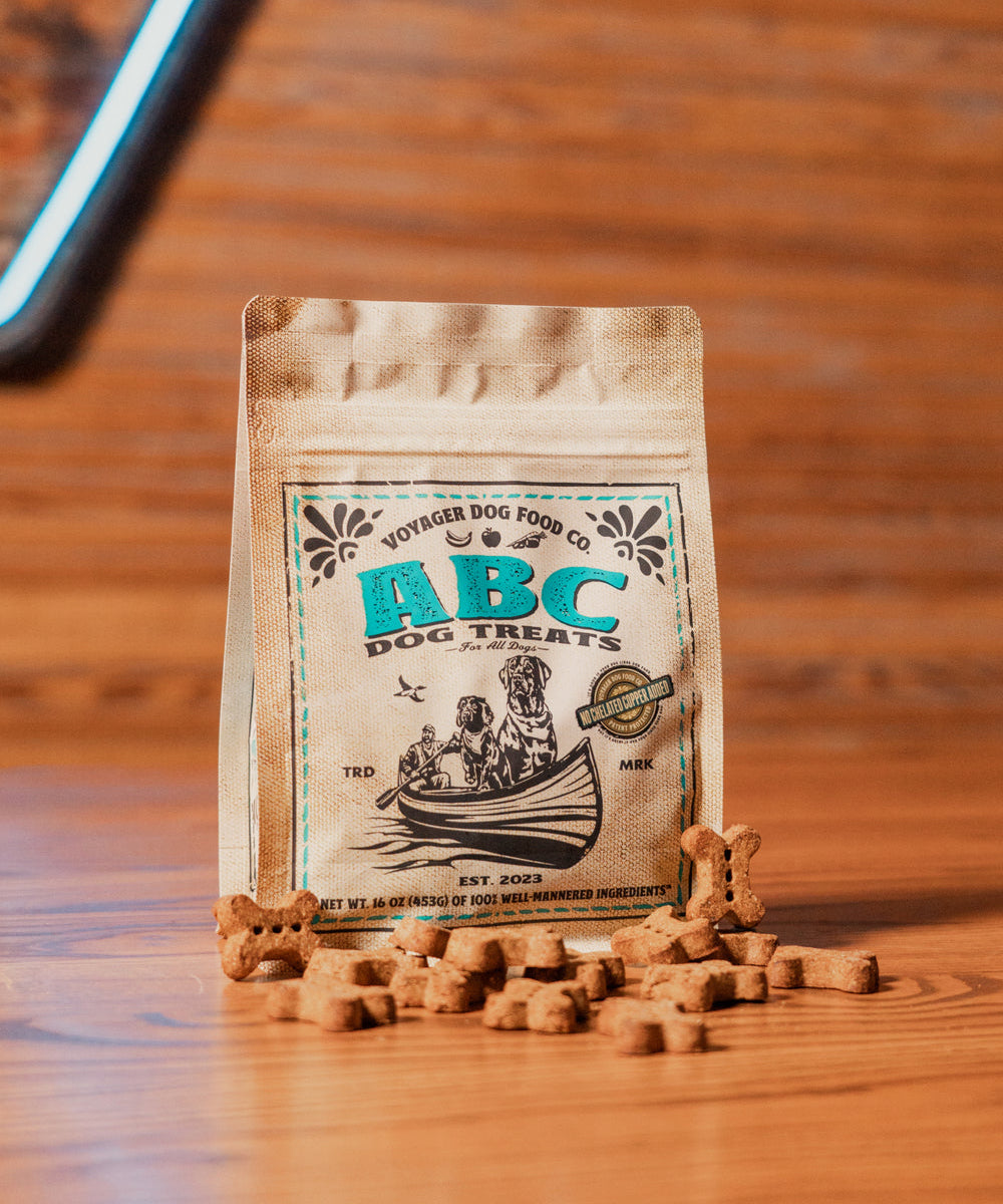A brown bag of Voyager Dog Food Co. ABC Dog Treats | Voyager is displayed on a wooden surface, with small bone-shaped treats scattered in front.