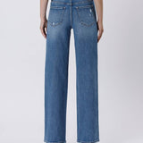 Person wearing Tummy Control Super High Rise Baggy Wide Jeans by Vervet, featuring a baggy fit and frayed hems, shown from the back against a plain background.