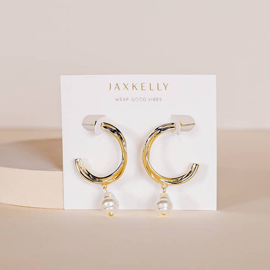 Twisted Pearl Drop Hoop - Gold Earrings | JaxKelly