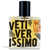 Vetiverissimo by Fzotic features a square glass bottle with a black cap and bold "VETIVERISSIMO" lettering, containing yellow liquid. This perfume offers a fresh scent with distinctive woody notes.