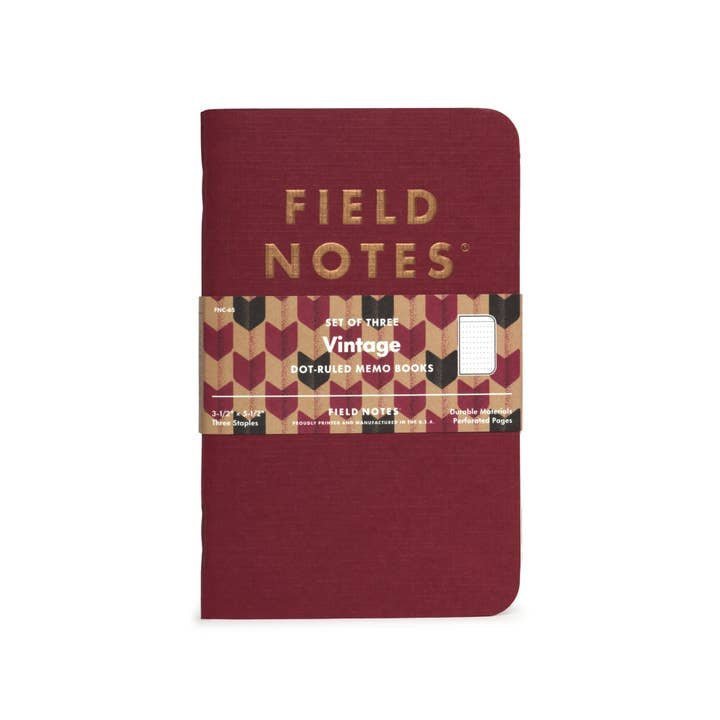 The Vintage | Field Notes notebook by Field Notes is a red dot-ruled memo book with gold lettering and a decorative band, featuring premium Royaltone stock pages for a classic writing experience.