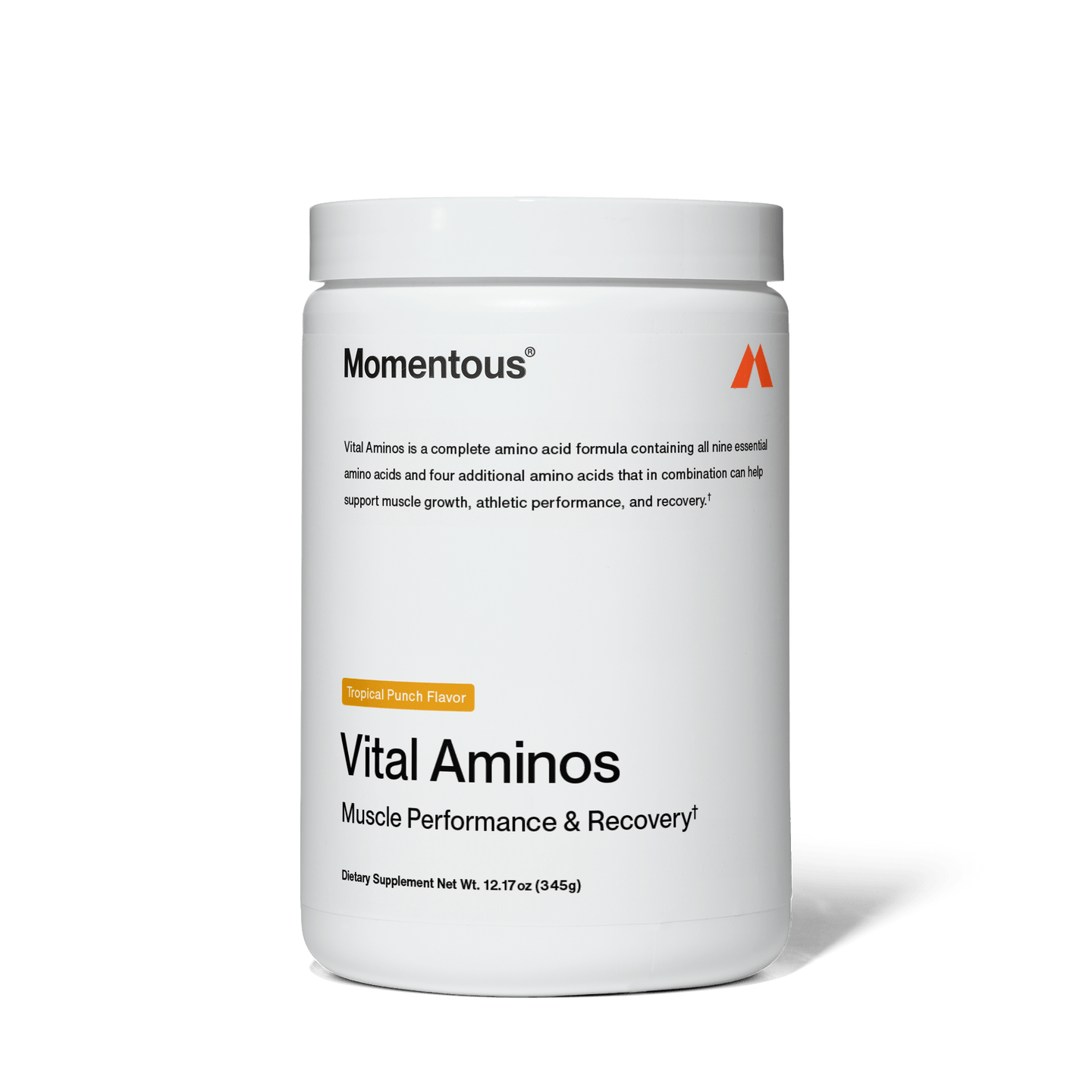 A white container labeled "Momentous Vital Aminos" by momentous, a tropical punch flavored essential amino acid supplement for muscle performance and recovery, supports protein synthesis. Net weight: 12.17 oz (345g).