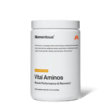 A white container labeled "Momentous Vital Aminos" by momentous, a tropical punch flavored essential amino acid supplement for muscle performance and recovery, supports protein synthesis. Net weight: 12.17 oz (345g).