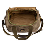 The Waxed Canvas Overnighter Bag Field Brown by Duck Head features a spacious, empty interior, brown lining, sturdy handles, and an adjustable shoulder strap with the top zipper open—ideal for travel.