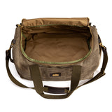 The Waxed Canvas Overnighter Bag Field Brown by Duck Head features a spacious, empty interior, brown lining, sturdy handles, and an adjustable shoulder strap with the top zipper open—ideal for travel.