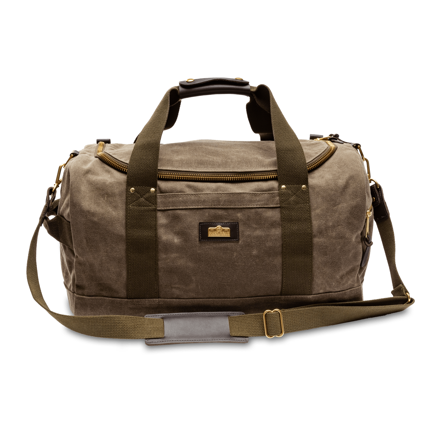 The Duck Head Waxed Canvas Overnighter Bag in Field Brown features olive green straps, a front pocket, brass hardware, and a detachable shoulder strap—ideal as a travel bag, shown against a white background.