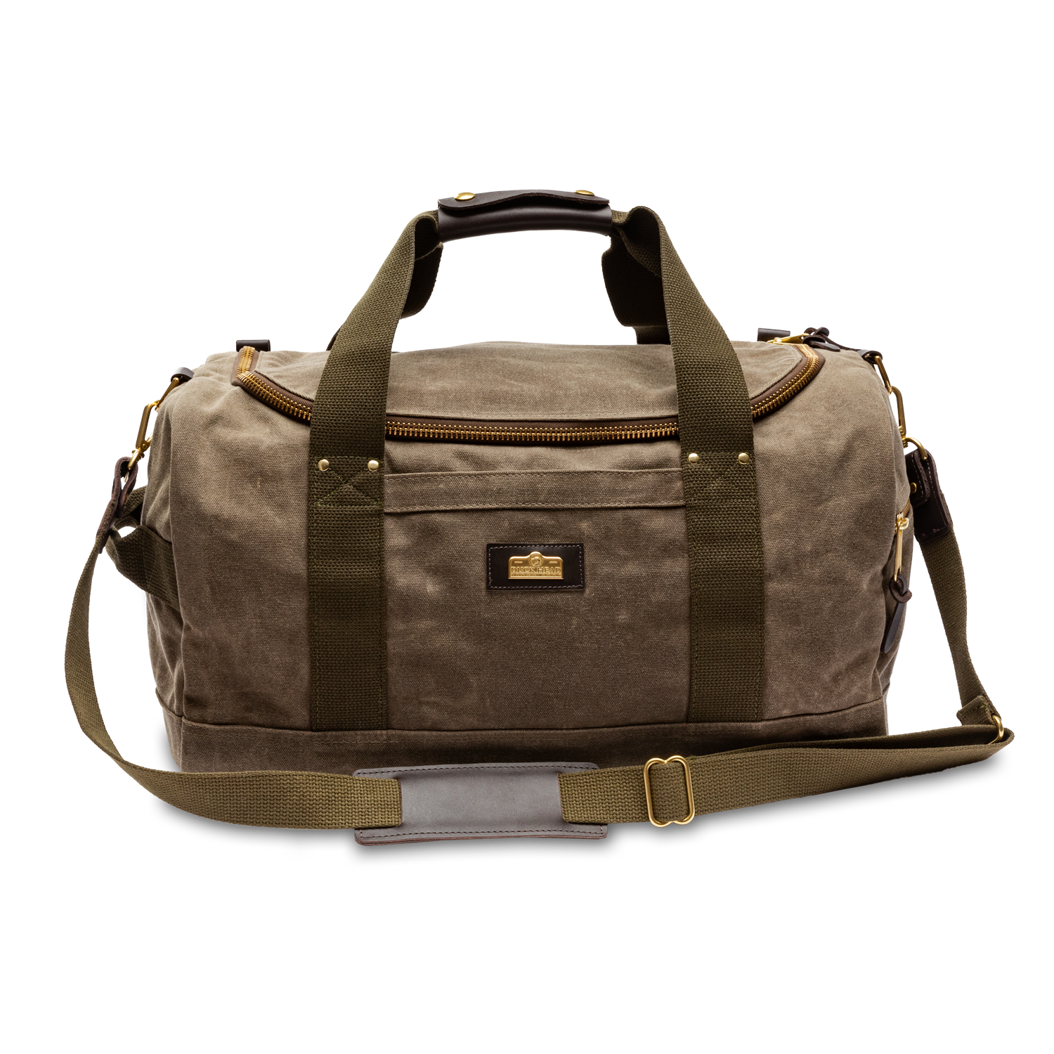 The Duck Head Waxed Canvas Overnighter Duffel in Field Brown features olive green straps, a front zipper pocket, brass hardware, and a detachable shoulder strap, shown against a white background.