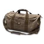 The Duck Head Waxed Canvas Weekender Bag features dark straps, a shoulder strap, brass hardware, and a front pocket. Carry-on compliant brown duffel shown against a plain white background.