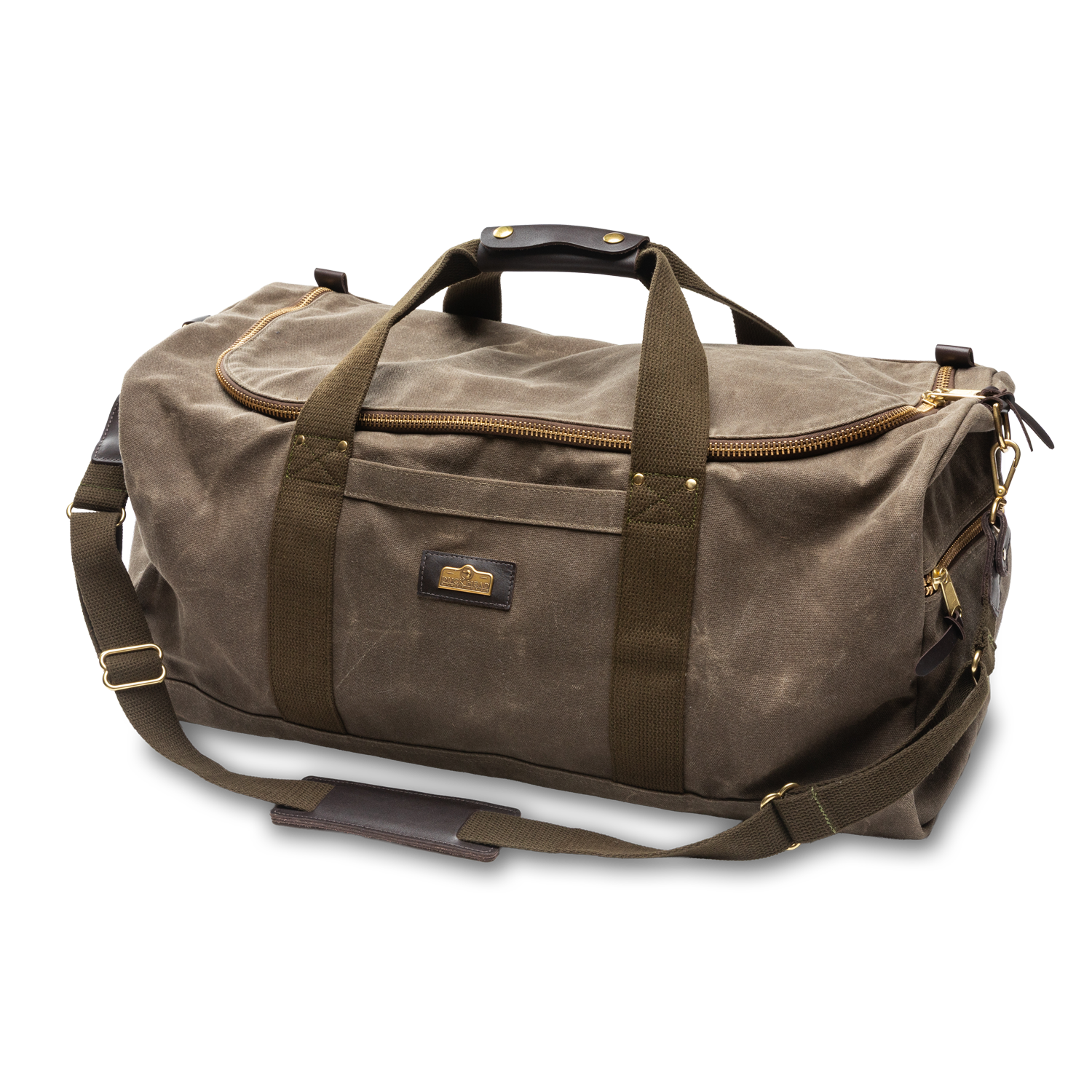 The Duck Head Waxed Canvas Weekender Bag features dark straps, a shoulder strap, brass hardware, and a front pocket. Carry-on compliant brown duffel shown against a plain white background.
