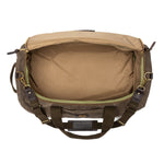 The Duck Head Waxed Canvas Weekender Bag features a spacious main compartment, beige interior, dark handles, and carry-on compliant design. Made in the USA and shown open from above.