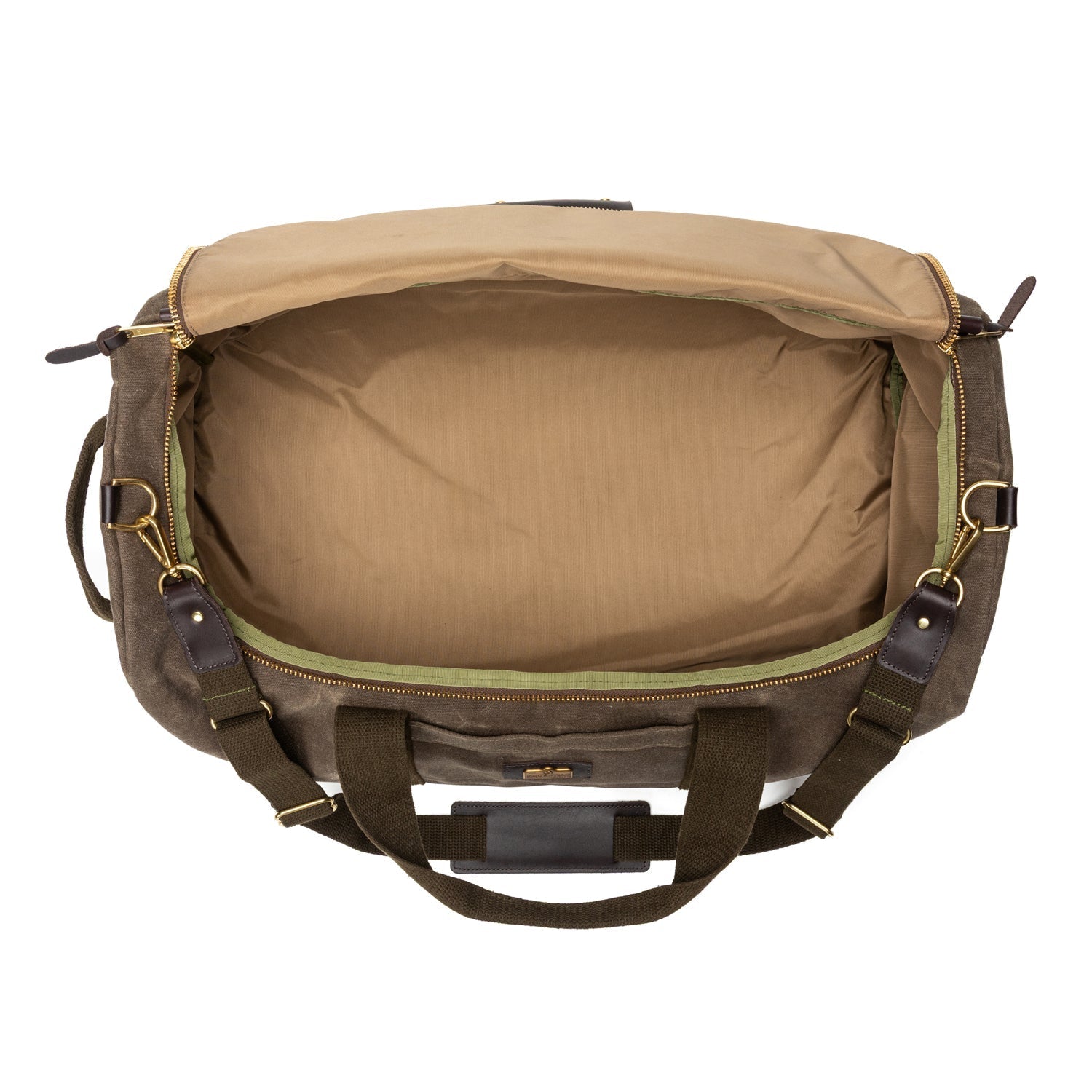 A top-down view of the Duck Head Waxed Canvas Weekender Bag, open and empty, showcasing its brown fabric, leather accents, and brass hardware.