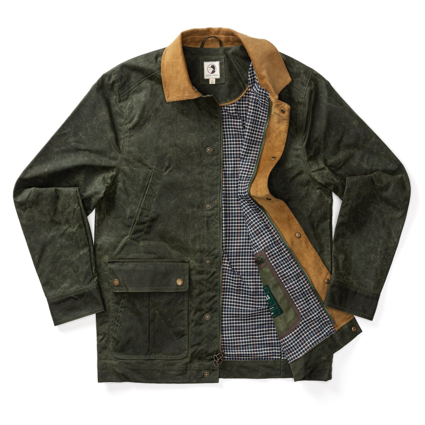 The Duck Head Waxed Duck Canvas Jacket features a dark green finish, brown corduroy collar and trim, snap buttons, and plaid lining. Shown open on a white background, this jacket blends classic style with rugged durability.