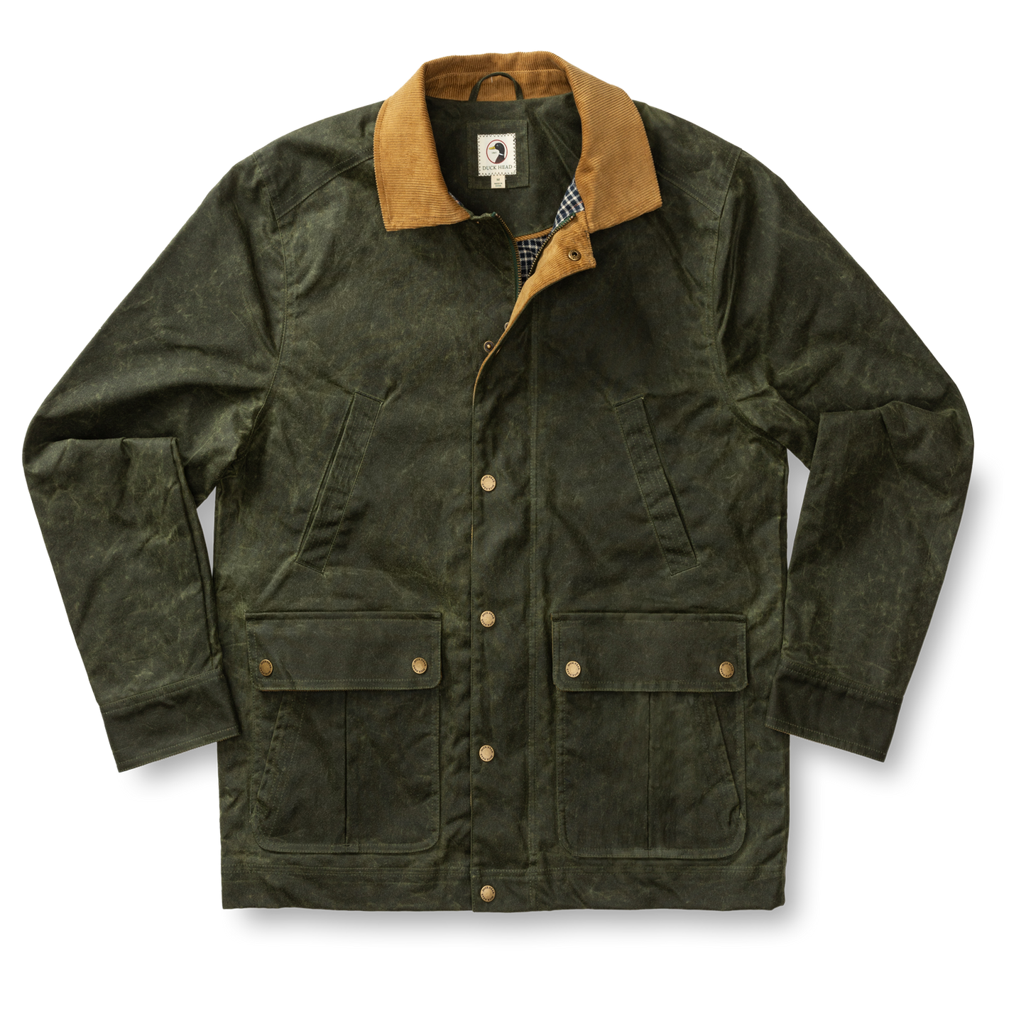 The Duck Head Waxed Duck Canvas Jacket features olive green, water-resistant fabric, a tan corduroy collar, snap buttons, and two large flap pockets for a classic yet practical style.