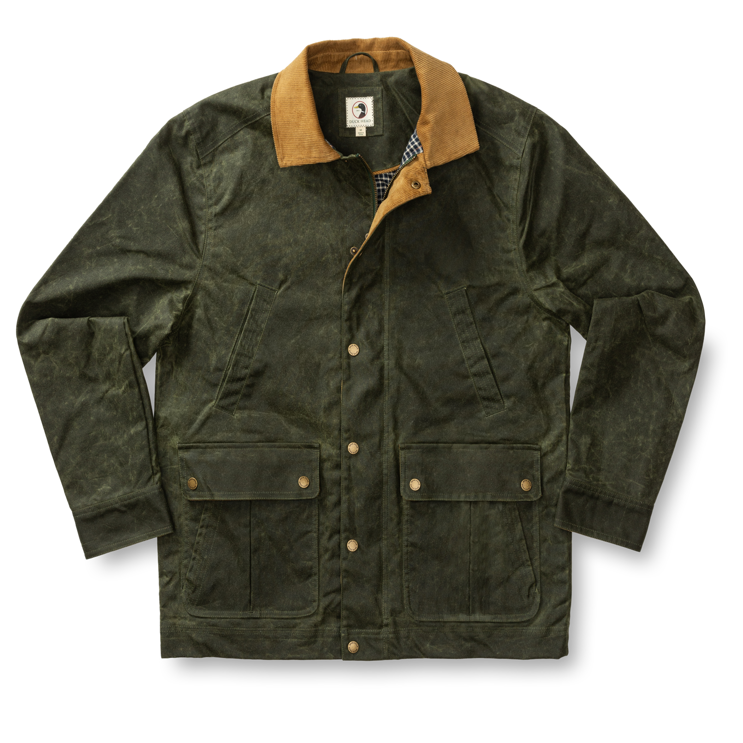 The Duck Head Waxed Duck Canvas Jacket features olive green, water-resistant fabric, a tan corduroy collar, snap buttons, and two large flap pockets for a classic yet practical style.