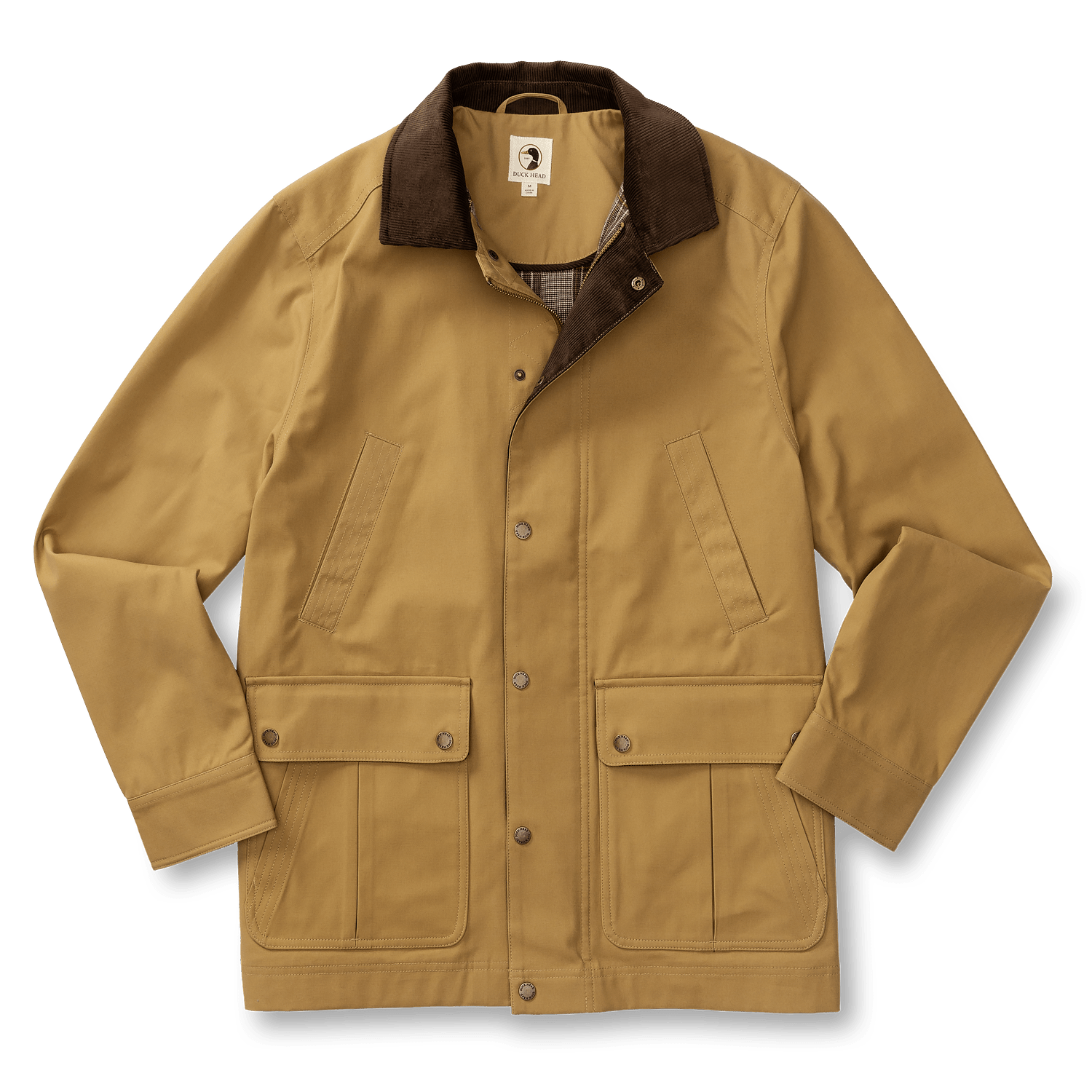 Duck Head Waxed Duck Canvas Jacket in tan features button closures, two chest pockets, two front flap pockets, and a dark brown corduroy collar, shown laid flat on a white background.