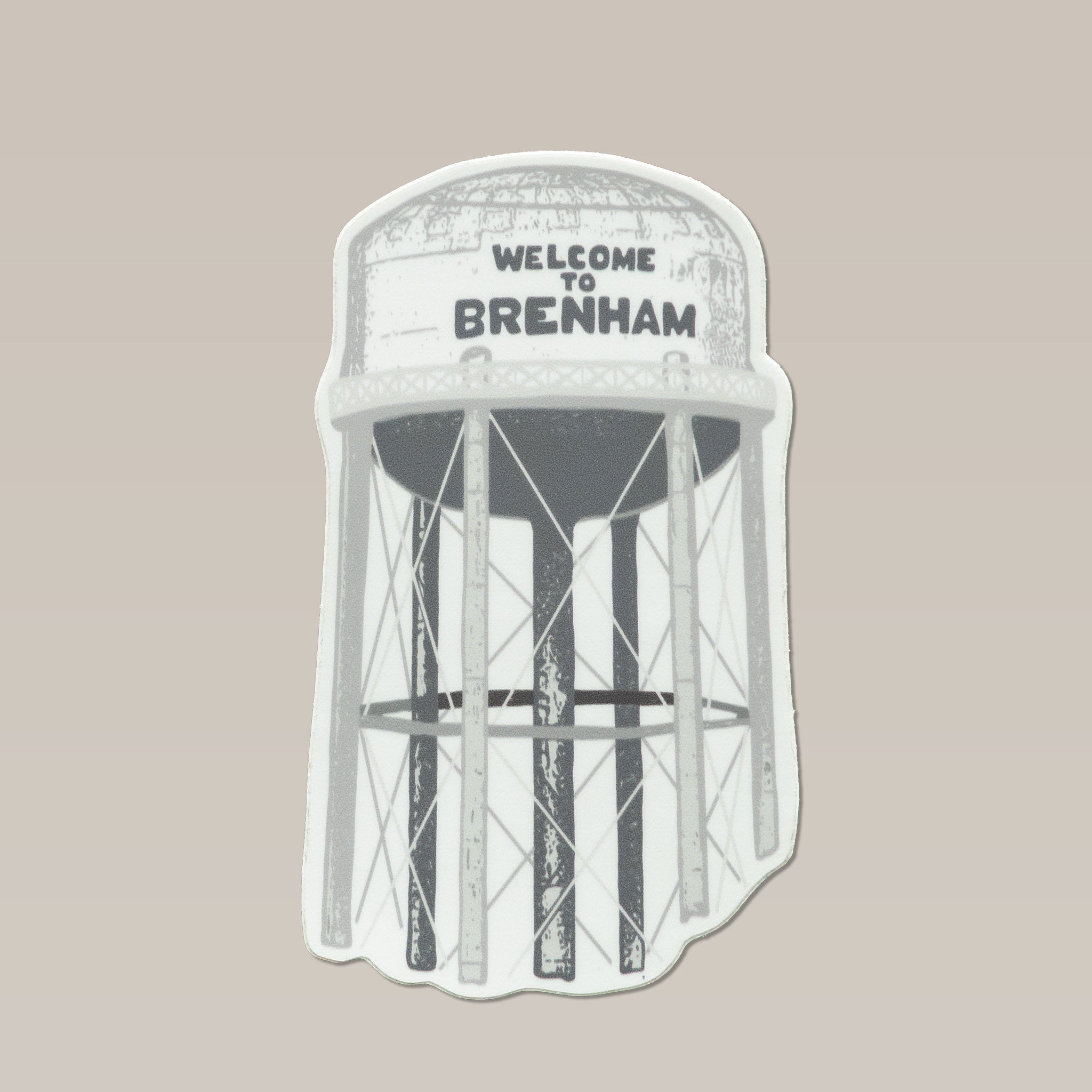 Show your local pride with the Shop Sticker | Welcome to Brenham Water Tower from Ballad of the Bird Dog—featuring a water tower illustration on a beige background. A unique, durable choice for custom sticker fans and Anvil Cards collectors.