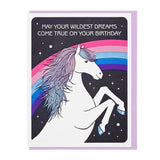 The "Wildest Dreams" card by Lucky Horse Press features a white unicorn rearing, with rainbow and stars in the background. Letterpress printed in the USA, it reads: "May your wildest dreams come true on your birthday.