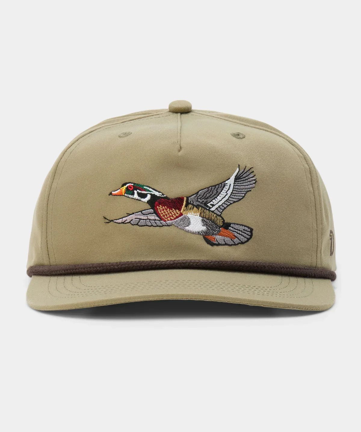 The Wood Duck Hat by Duck Camp features a khaki snapback design with an embroidered flying wood duck on the front, dark brown trim above the brim, and an adjustable snapback closure for a perfect fit.