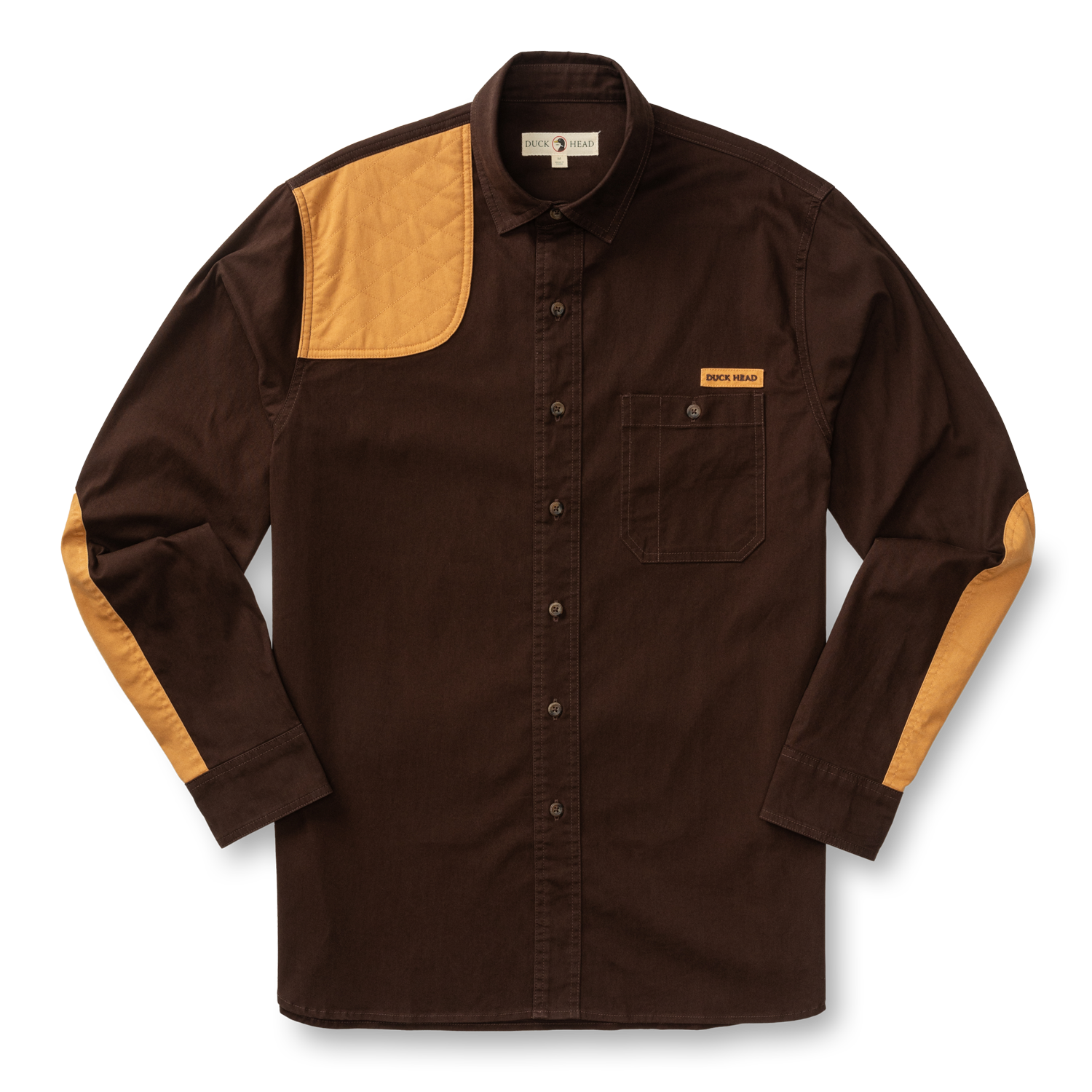 The Duck Head Woodland Shooting Shirt is a brown, stretch twill long-sleeve with tan quilted patches on the right shoulder, left chest pocket, and elbows, shown on a white background.