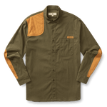 The Woodland Shooting Shirt by Duck Head features olive green stretch twill, tan quilted shoulder and elbow patches, a buttoned chest pocket, and a small logo tag above the pocket.