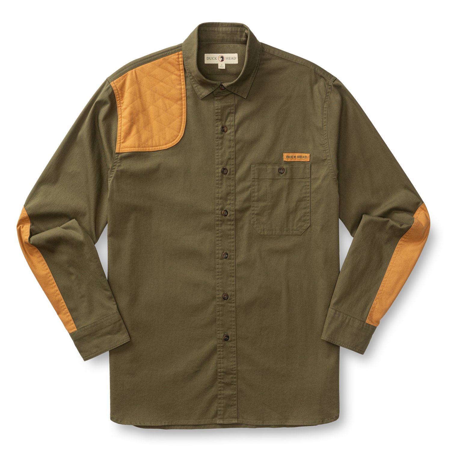 The Duck Head Woodland Shooting Shirt is an olive green long-sleeve top with tan quilted shoulder and elbow patches, a chest pocket, and button front, crafted from durable stretch twill outdoor fabric. Laid flat on a white background.