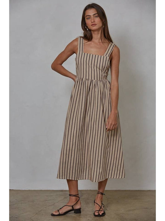 Woven Cotton Striped Square Neck Flare Midi Dress