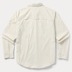 The Duck Camp W's Lightweight Fishing Shirt Long Sleeve is shown from the back, featuring a straight yoke and buttoned cuffs in a cream color.