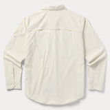 The Duck Camp W's Lightweight Fishing Shirt Long Sleeve is shown from the back, featuring a straight yoke and buttoned cuffs in a cream color.